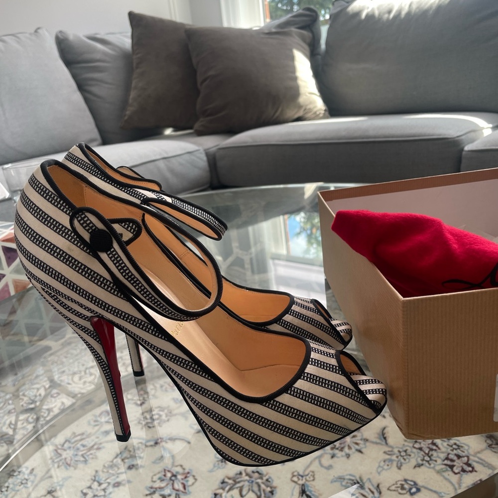 Christian Louboutin Black & White Striped Peep-Toe Ankle-Strap Heels
